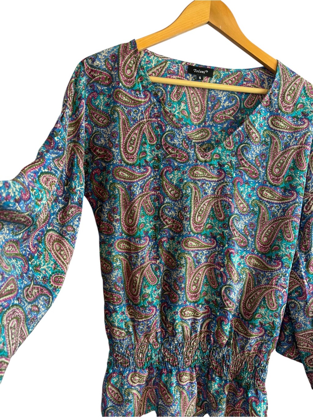 Tolani Multi Color Paisley Print Smocked 100% Silk V Neck Top Blouse Boho Size S